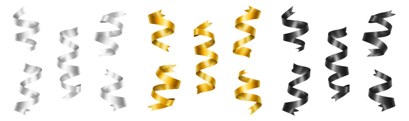 Conjunto de fitas festivas enroladas em espiral - branco, dourado e preto - isolados em fundo transparente.