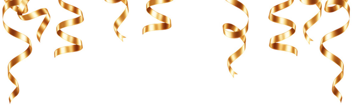 Conjunto de fitas douradas festivas enroladas em espiral penduradas no topo da imagem, isolados em fundo transparente.