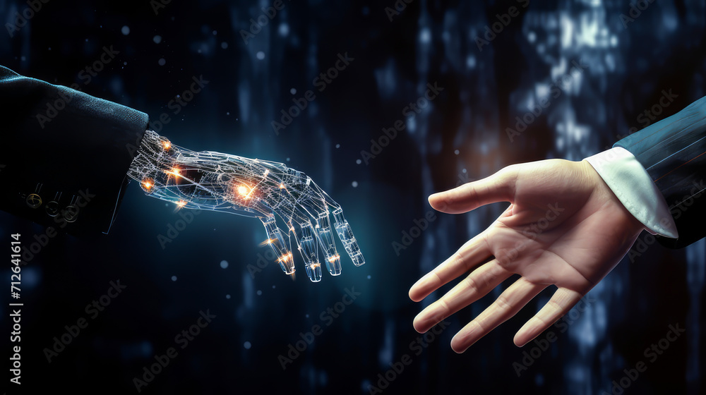 Poster artificial intelligence machine learning robot hands and human touch