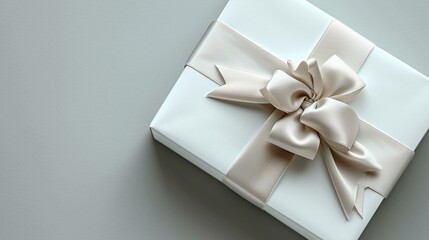Stylish top view of a white gift box with a 3D bow and a personalized name tag, creating a thoughtful and customized touch. [Personalized name tag white gift box elegance top view 