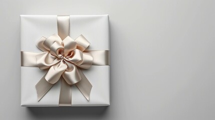 Top view of a white gift box with a 3D bow and a metallic accent, embodying a perfect blend of classic and modern elements. [Metallic accented white gift box elegance top view 3D g