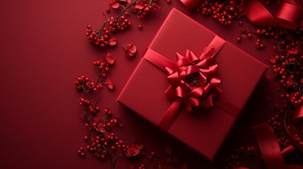 Classic red gift box with a 3D bow and a trail of red rosebuds, creating a timeless and romantic atmosphere. [Classic red gift box with 3D bow and trail of rosebuds, elegant top vi