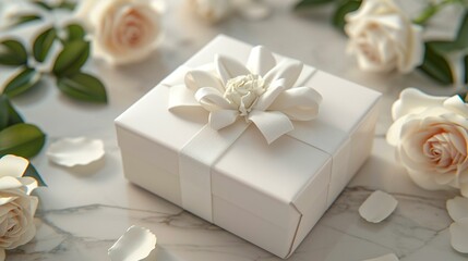 Obraz na płótnie Canvas Stylish 3D-rendered white gift box with a glossy finish, complemented by a white ribbon and fresh white roses. [Glossy white gift box with white ribbon and roses, elegant top view 
