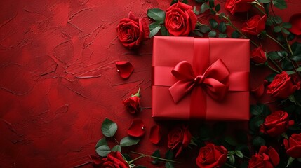 Stylish red gift box with a 3D bow and a cluster of red roses, creating a contemporary and romantic display. [Red gift box with 3D bow and cluster of red roses, elegant top view 3D