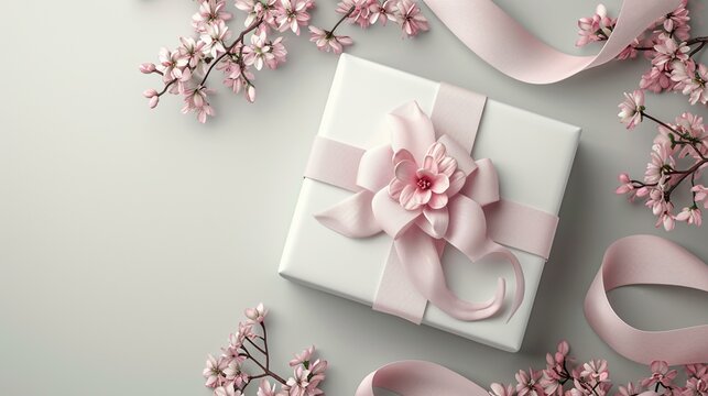 Elegant 3D-rendered white gift box with a floral-patterned ribbon, infusing a sense of grace and femininity. [Floral-patterned ribbon white gift box elegance top view 3D gift wrap 