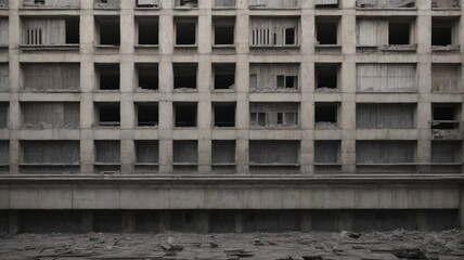 a close up of a dystopian urban city building wall, seamless tiling, symmetrical, crumbling, destroyed, depth of field, photo realistic, high resolution, highly detailed