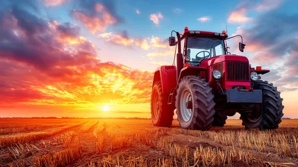 Tuinposter large red tractor in a harvested field with a stunning orange and blue sunset in the sky above © weerasak