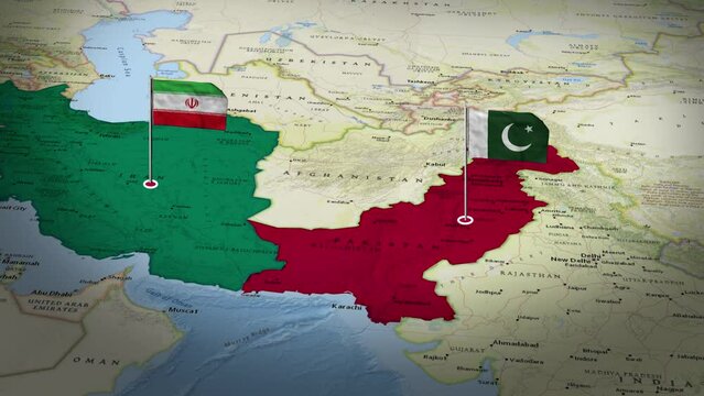  Flying Flags Above the Lands of Iran and Pakistan.Flags Fluttering Over Maps of Iran and Pakistan.