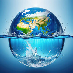 World water day concept with water splash and earth on blue background.