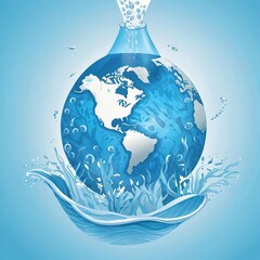Illustration of the world map in water on a blue background.