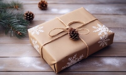 Photo of a Festively Wrapped Gift on a Rustic Wooden Table