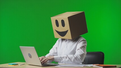 Woman in cardboard box with smiling emoji on her head on green background of studio. Employee happily typing on laptop keyboard. Business life and daily routine in the office.