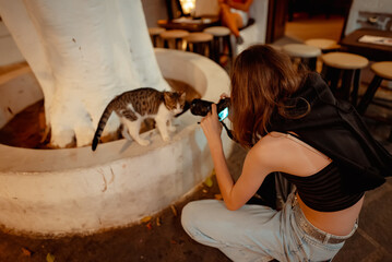 Girl takes a photo of a kitten on the street.