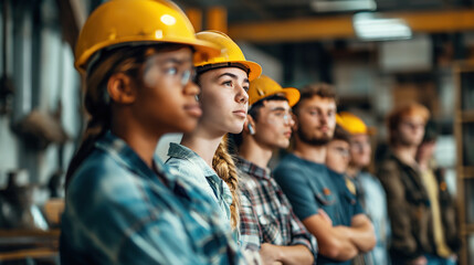 A group of young workers stands in the workshop and listens attentively to the speaker. Election marathon, future presidential elections - obrazy, fototapety, plakaty
