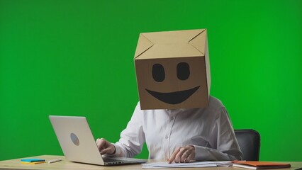 Woman in cardboard box with smiling emoji on her head on green background of studio. Employee checks data in documents and laptop and rejoices at her success.
