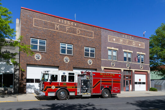 Moscow, ID, USA - May 23, 2023; Moscow Idaho fire department pumper appliance outside MFD building