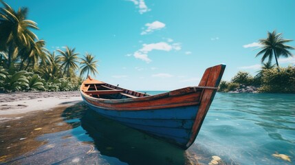 Fototapeta na wymiar A lone small wooden rowing boat is moored in calm water. The illustration creates a serene mood. Tropical islands and blue sky on the horizon. Nature background. Design for flyer, cover or brochure.