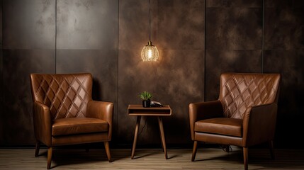 A leather chair stands next to a wooden table and lamp. Cozy interior design. Illustration for cover, card, decor, advertising, marketing or presentation. - obrazy, fototapety, plakaty