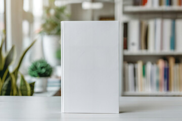 Blank book cover template standing on wooden surface againts blue blurred background with book shelfs. Front view of magazine mockup