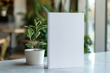 Blank book cover template standing on marbel counter against blue blurred background with a green plant. Perspektive, side view of magazine mockup