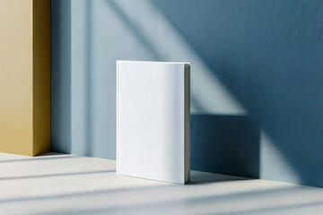 Blank book cover template standing on marbel counter against blue wall with soft shadows. Perspektive, side view of magazine mockup