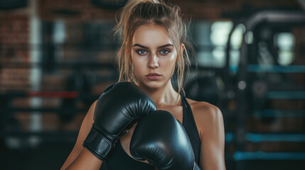 Confident Young Woman with Boxing Gloves at Gym