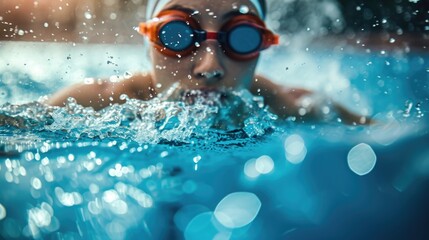 Competitive Swimmer with Goggles Taking a Breath in Pool