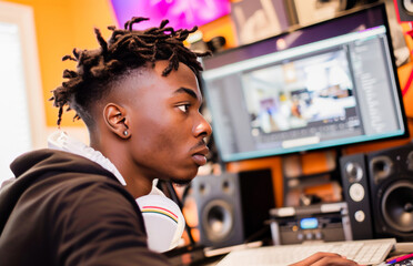 Young African American music producer concentrating on editing tracks on a computer in a home studio setup.