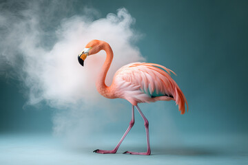 Delicate pink flamingo surrounded by light pastel pink feathers. Creative wallpaper with pink flamingo, Abstract creative animal