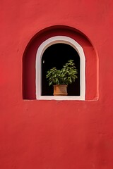 A potted plant sits in a niche in a red wall