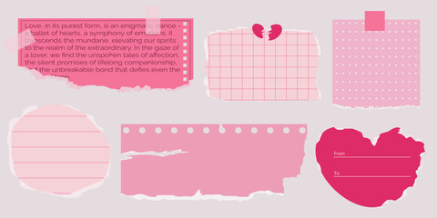 Cute pink torn paper  collection. Newspaper, checkered paper, dotted lined paper. A set of elements for a collage. Vector trendy illustration.
