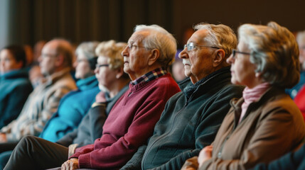 Audience of Seniors Attentively Watching a Presentation - obrazy, fototapety, plakaty