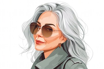 donna matura caucasica con occhiali da sole su sfondo bianco