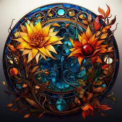 Enchanting Art Nouveau Mandala: Autumnal Elegance in Vivid Florals and Stained Glass Motifs - Artisanal Aura Collection, AI-Generated
