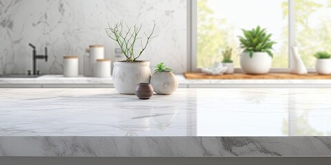 Fototapeta na wymiar Marble table with kitchen background, mock-up for product display or online advertising.