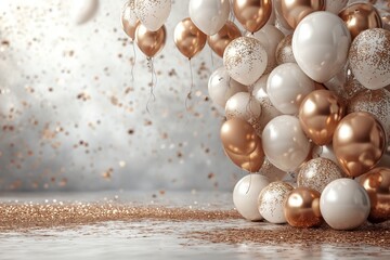 palloncini oro e argento con coriandoli dorati per festa di compleanno su sfondo bianco