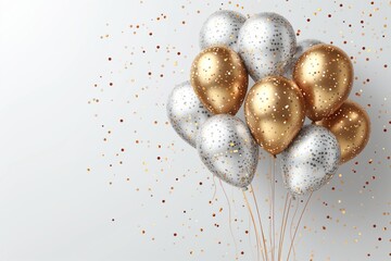 palloncini oro e argento con coriandoli dorati per festa di compleanno su sfondo bianco