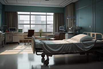 Hospital room with a patient bed. Medical world, event related to care, medical news, hospitalization of a patient, nursing home.