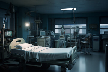 Hospital room with a patient bed. Medical world, event related to care, medical news, hospitalization of a patient, nursing home.
