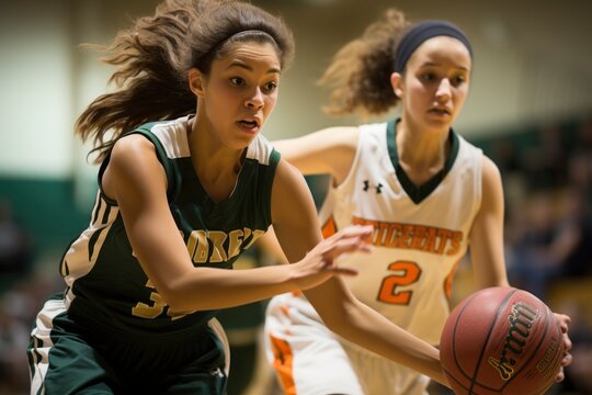 Energetic women's basketball action unfolds with fierce intensity on the court, showcasing skilled players, powerful teamwork