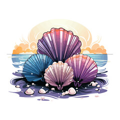 Cartoon seashells on a beach. Vector illustration