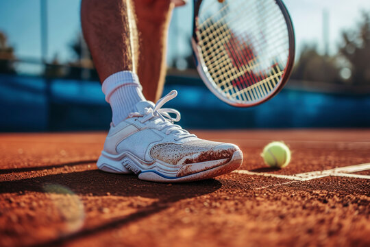 A professional tennis player's agile legs showcase dynamic movement, gripping a racket tightly while a tennis ball hovers mid-air in this intense sports close-up.