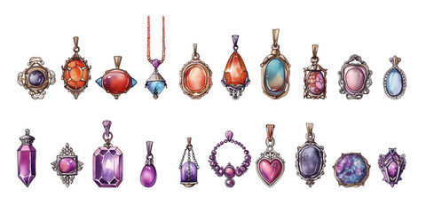 Watercolor pendant vector illustration of vintage and traditional necklaces, gems stone jewelry pendant set watercolor on isolated background