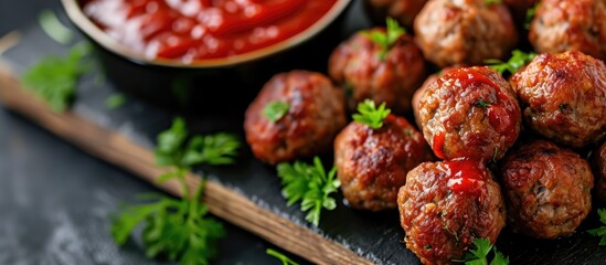 Appetizers featuring meatballs and sauce for dipping - obrazy, fototapety, plakaty
