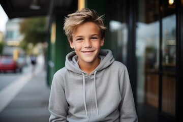 Portrait of a cute young boy in a hoodie smiling at the camera