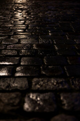 Wet road paved with stone cobblestones. Reflection in the light of a lantern. Night.
