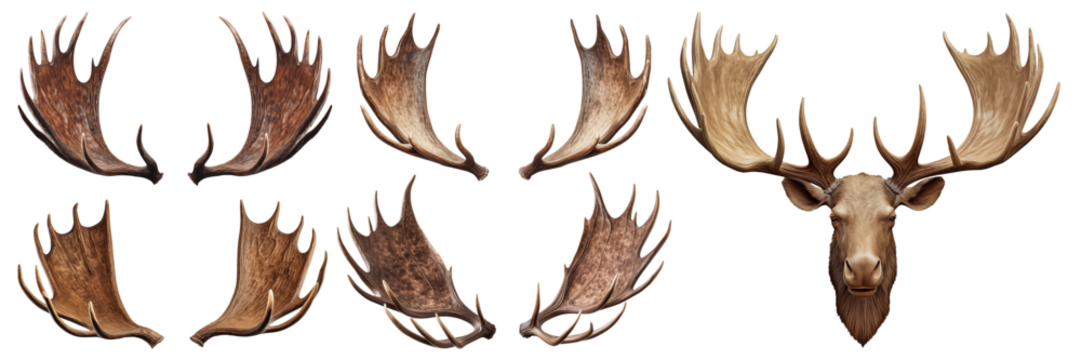 Set of different moose antlers isolated on transparent background. Overlays of moose antlers close-up for insertion. A design element to be inserted into a design or project.