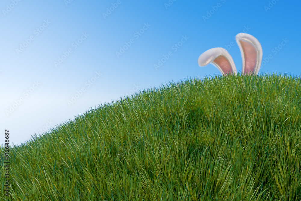 Poster happy easter. rabbit ears stick out from a hill in a meadow in the grass. 3d rendering
