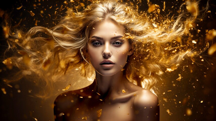 Fashion woman with beautiful makeup, in gold glittering dress on golden background. Beautiful woman with flowing hair. Prestigious, luxury and elegance atmosphere. - obrazy, fototapety, plakaty