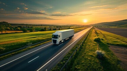 highway truck on a big road in a beautiful sunrise or sunset in high resolution